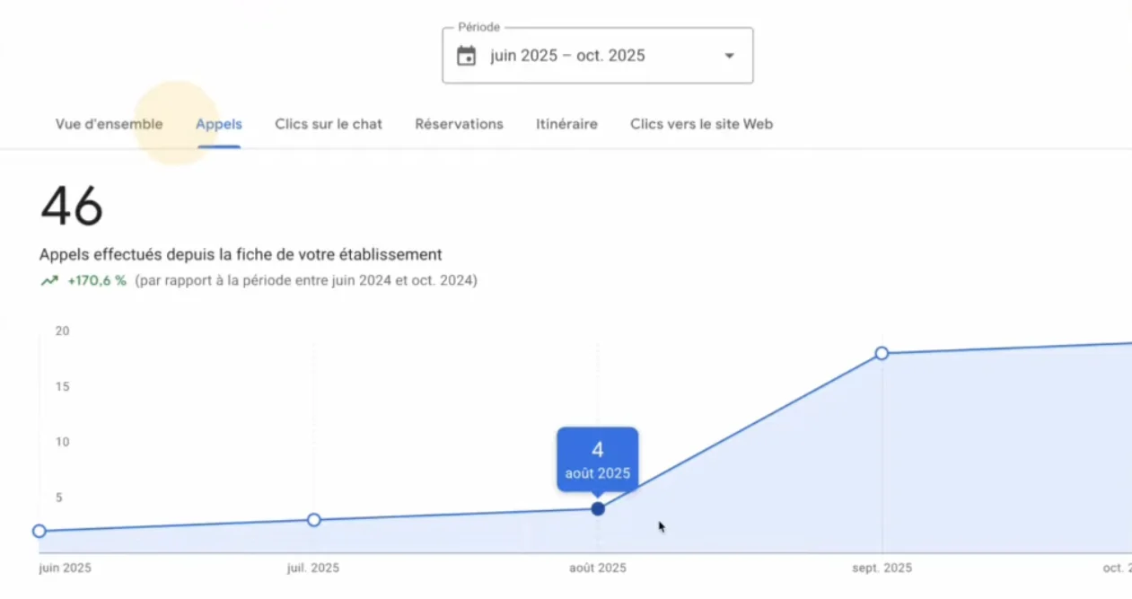 Capture écran Google Business Profile : 46 appels reçus, +170,6% par rapport à l'année précédente