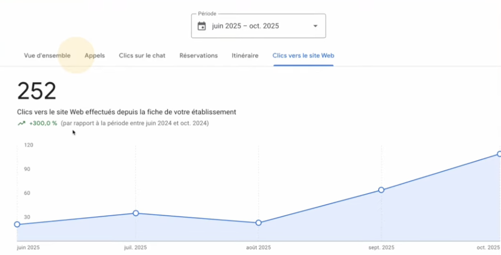 Capture ecran Google Business Profile : 252 clics vers site web, +300% vs annee precedente