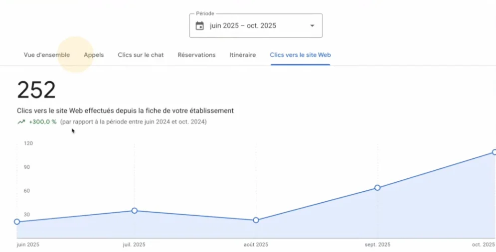 Capture écran Google Business Profile : 252 clics vers le site web, +300% par rapport à l'année précédente